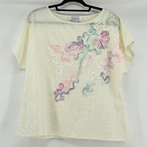 Vintage Cottage Applique Short Sleeve Blouse Top Size M Artsy Dainty Pastel